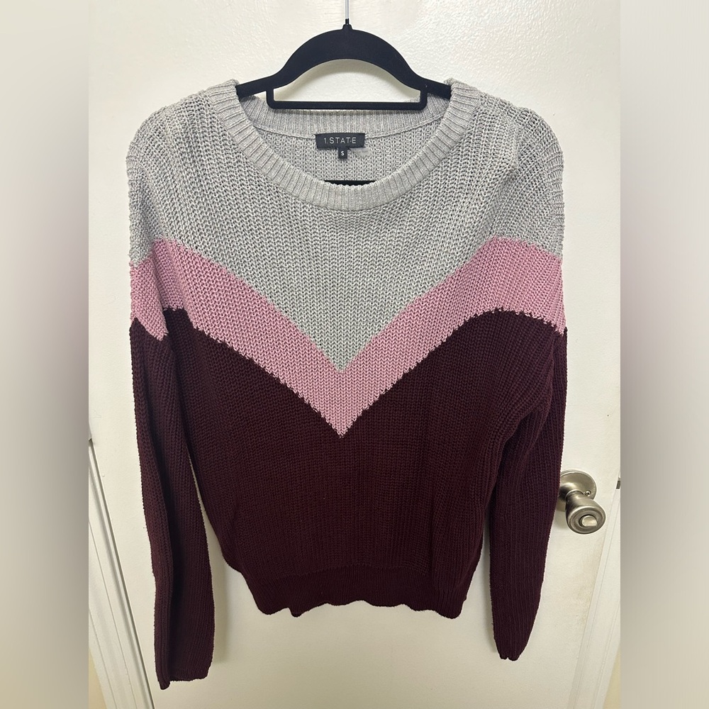 1. State Burgundy, Pink, & Gray Color Block Crew Neck Sweater, Size S